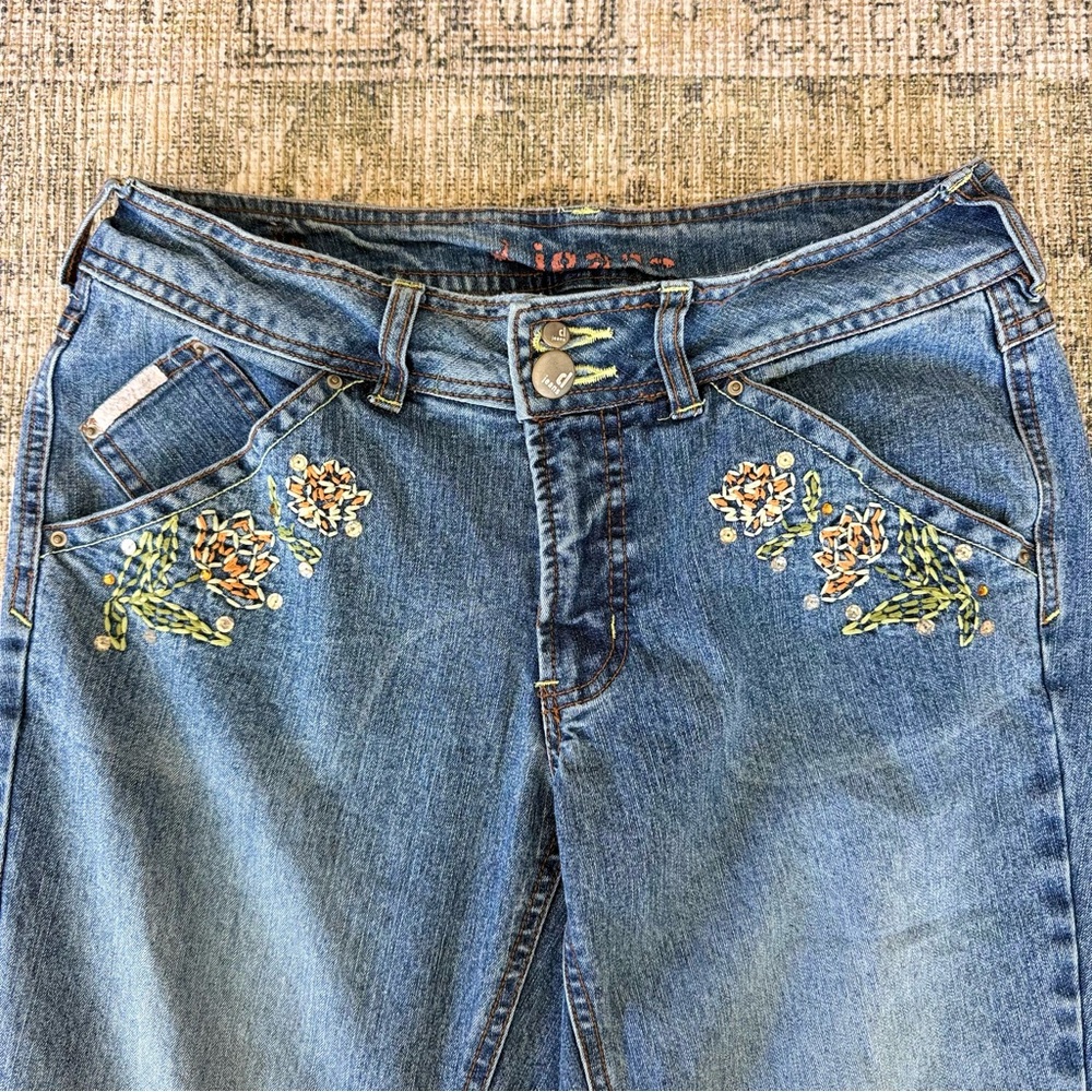 Vintage Y2K 90's Denim Embroidered Blue Bootcut Jeans Low Rise Floral - Picture 2 of 7